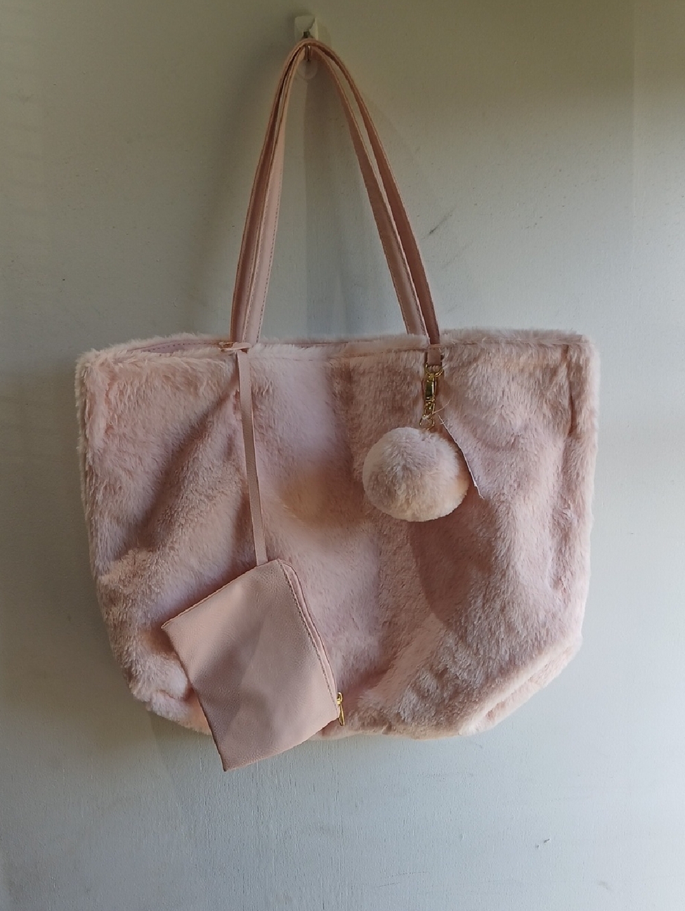 Time and Tru Blush Pink Faux Fur Tote with Pom Charm